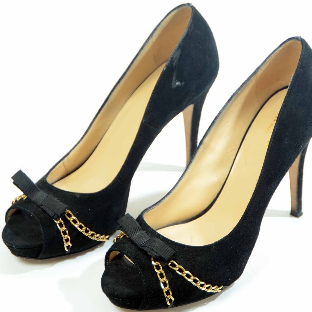 Kate Spade black suede open toe high heels sz 8AA